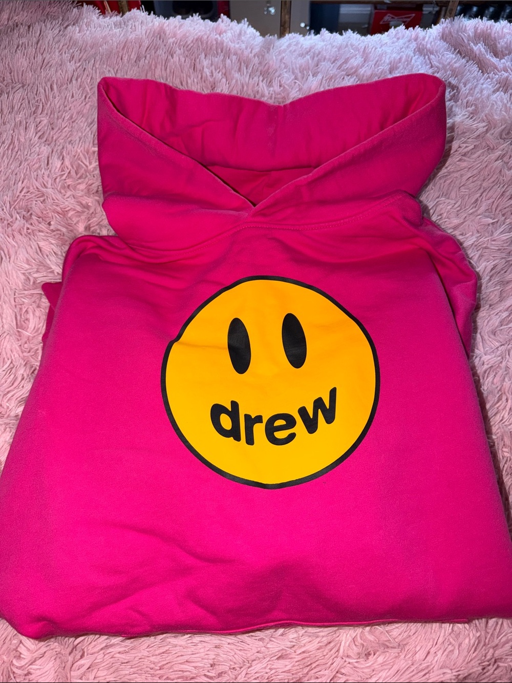 DREW Hot Pink Hoodie with Yellow Smiley Logo UNISEX